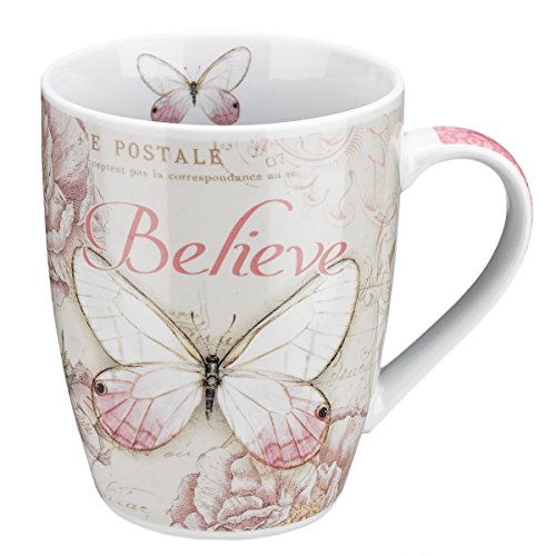 Product Cover Believe Butterfly Mug - Botanic Pink Butterfly Coffee Mug w/Mark 9:23, Bible Verse Mug for Women and Men - Inspirational Coffee Cup and Christian Gifts (12-ounce Ceramic Cup)