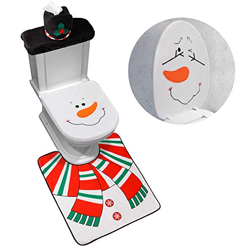 Product Cover D-FantiX 4-Piece Snowman Santa Toilet Seat Cover and Rug Set Red Christmas Decorations Bathroom