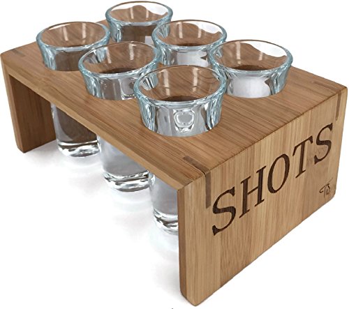 Product Cover Shot Glass Set (6 Glasses) in Stylish Vintage Bamboo Shot Glass Holder - 1 Ounce Glasses - Glassware and Shot Stand - Professional Look - Pro Or Amateur Bartenders - Best Gift Ideas (Crystal Clear)