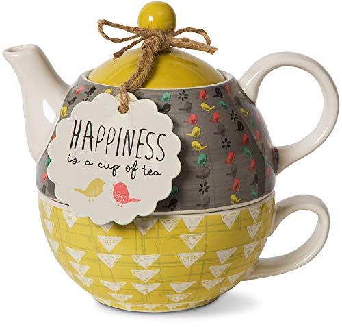 Product Cover Pavilion Gift Company 74070 Bloom Happiness Ceramic Tea for One, 15 oz, Multicolor