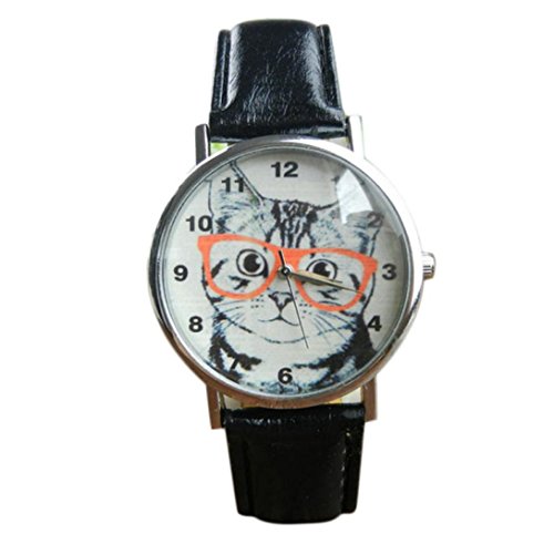 Product Cover WensLTD Unisex Scholar Cat Pattern Leather Band Analog Quartz Dial Wrist Watch (A)