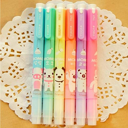 Product Cover Set of 6 Cute Kawaii Novelty Cartoon Colored Assorted Animals Double Tips Highlighters Pens Fluorescent Ink Markers 6 Different Colors Set For Books