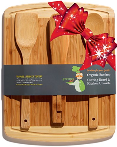Product Cover Bamboo Cutting Board Housewarming Gift Set - With Bonus 3-Piece Cooking Utensils - Wooden Spoon, Salad Tongs and Wood Spatula - Mother's Day, Wedding & Kitchen Gadgets Gift Idea