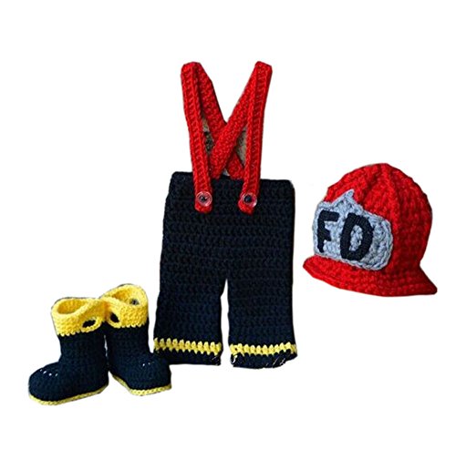 Product Cover Pinbo Newborn Boys Photography Prop Crochet Firefighter Fireman Hat Pants Shoes