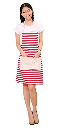 Product Cover FSK Cotton Canvas Women's Apron with Convenient Pocket Durable Stripe Kitchen and Cooking Apron for Women Professional Stripe Chef Apron for Cooking,Grill and Baking (red and White)