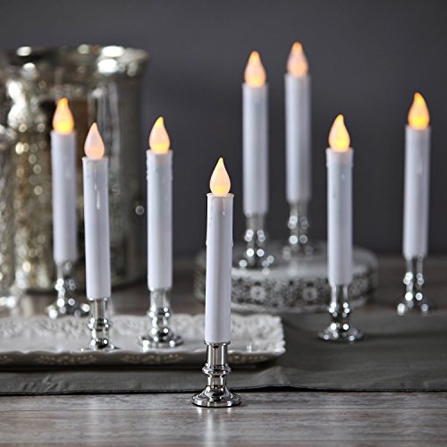 Product Cover Christmas Window Candles with Silver Holders - Battery Operated White Flameless Taper, Removable Base, Flickering LED Light, Auto Timer, Remote Control & Batteries Included - Set of 8