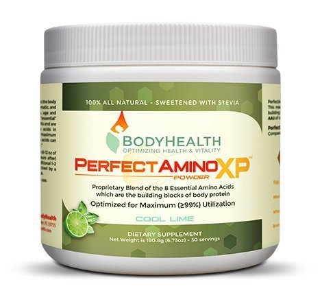 Product Cover PerfectAmino XP Powder 8 Essential Amino Acids including BCAAs by BodyHealth, Branched Chain Amino Energy, Fat Burner & Weight Loss Pre Workout Supplements, 99% Utilization, Cool Lime, 30 Servings
