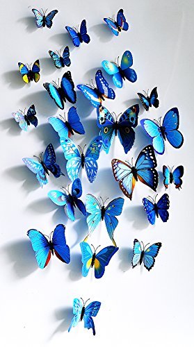Product Cover Amaonm 60 Pcs 5 Packages Beautiful 3D Butterfly Wall Decals Removable DIY Home Decorations Art Decor Wall Stickers & Murals for Babys Bedroom Tv Background Living Room (Blue)