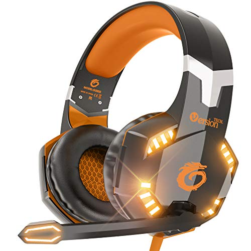 Product Cover VersionTECH. G2000 Stereo Gaming Headset for Xbox one PS4 PC, Surround Sound Over-Ear Headphones with Noise Cancelling Mic, LED Lights, Volume Control for Laptop Mac PS3 iPad Nintendo Switch - Orange