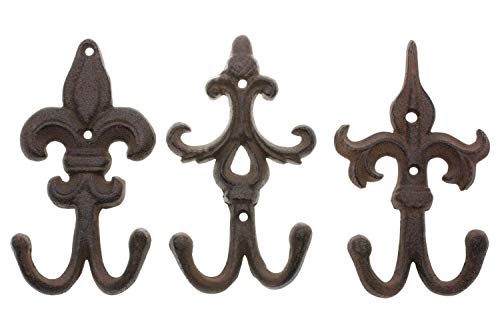 Product Cover Comfify Set of 3 - Cast Iron Fleur De Lis Double Wall Hooks/Hangers - Decorative Wall Mounted Coat Hook - Rustic Cast Iron - with Screws and Anchors 7