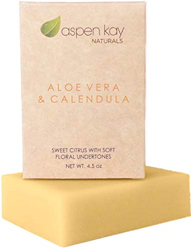 Product Cover Aloe Vera & Calendula Soap, 100% Natural & Organic, With Organic Aloe Vera, Calendula & Turmeric. Use As a Face Soap, Body Soap or Shaving Soap. For Men, Women, Teens and Baby. Gentle Soap. 4oz Bar