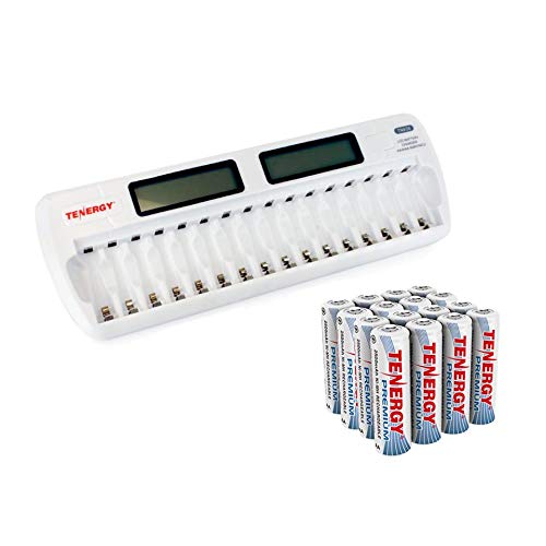 Product Cover Tenergy TN438 16-Slot Smart Battery Charger for AA/AAA NiMH/NiCd LCD Display + 16 Premium Rechargeable AA Batteries