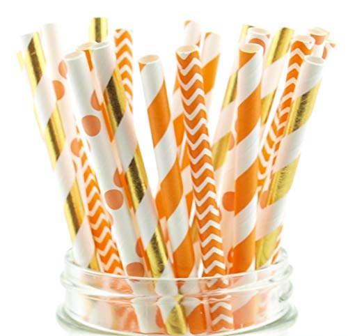 Product Cover Thanksgiving Dinner Straws (25 Pack) - Fall Leaf Autumn Wedding Party Supplies, Orange & Brown Assorted Paper Straws for Thanksgiving Table Decor