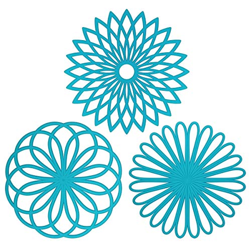 Product Cover Blue : ME.FAN 3 Set Silicone Multi-Use Flower Trivet Mat - Premium Quality Insulated Flexible Durable Non Slip Coasters Hot Pads Blue