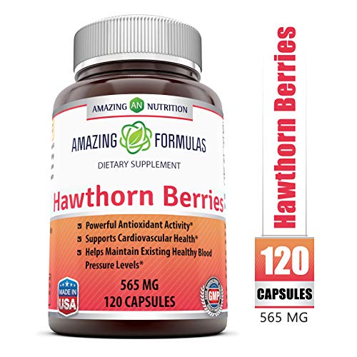 Product Cover Amazing Formulas Hawthorn Berries 100% Pure Hawthorne Berry Extract * Powerful Anioxidant Activity * Supports Cardiovascular Health* 565mg Herb Capsules * 120 Capsules Per Bottle (Non-GMO,Gluten Free)