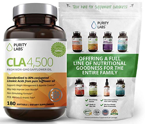 Product Cover Purity Labs CLA 4,500 Safflower Oil Number One Natural Weight Loss Fat Burner Supplement 180 Softgels Non-GMO & Gluten Free Conjugated Linoleic Acid Pills Belly Fat Burner