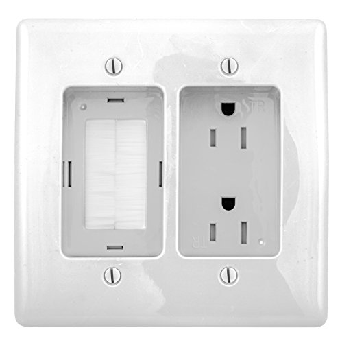 Product Cover Bryant Electric RR1512W 2-Gang Recessed TV Connection Outlet Plate with 15 Amp 125V Tamper-Resistant Duplex Receptacle with One Pass-Thru Opening, White