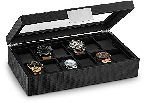 Product Cover Glenor Co Watch Box for Men - 12 Slot Luxury Carbon Fiber Design Display Case, Large Holder, Metal Buckle - Black