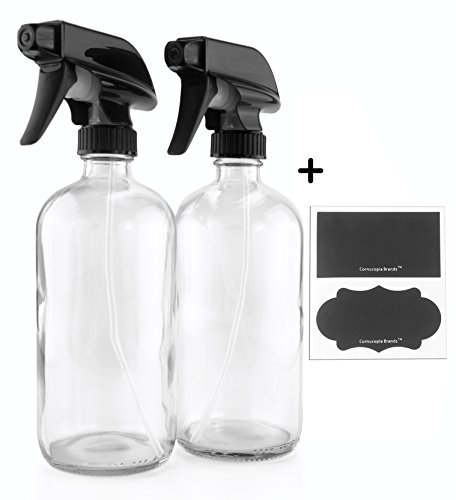 Product Cover 16oz Clear Glass Spray Bottles w/Chalk Labels (2 Pack); Boston Round Bottles with 3-Setting Adjustable Heavy Duty Sprayers