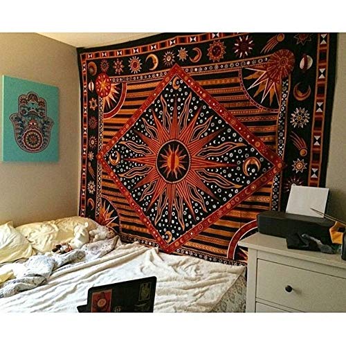 Product Cover Psychedelic Celestial Sun Moon tapestry Planet Bohemian Tapestry/ Wall Hanging Dorm Decor Boho Tapestry /Hippie Hippy Tapestry Beach Coverlet Curtain (Queen (84 X 85 inches Approx, Orange)
