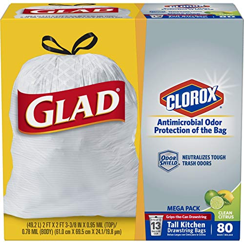 Product Cover Glad Tall Kitchen Drawstring Trash Bags - Antimicrobial Protection 13 Gallon White Trash Bag, Scented - 80 Count