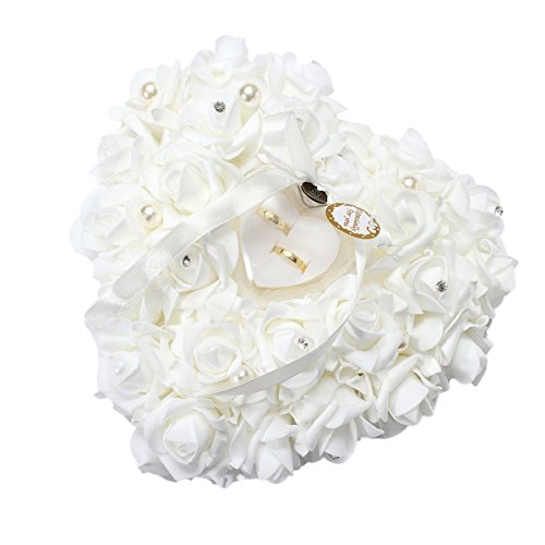 Product Cover Yosoo Wedding Ring Pillow, White Ring Pillow for Wedding Lace Crystal Rose Heart Ring Box Wedding Accessories