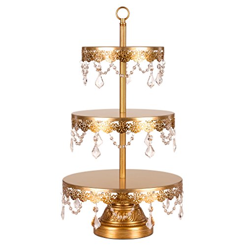 Product Cover Amalfi Decor 3 Tier Dessert Cupcake Stand, Large Pastry Candy Cake Cookie Tower Holder Plate for Wedding Event Birthday Party, Round Metal Pedestal Tray with Crystals, Gold