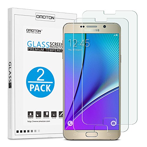 Product Cover OMOTON Screen Protector for Samsung Galaxy Note 5 - [2 Pack] Tempered Glass Screen Protector for Samsung Galaxy Note 5 [Case Friendly] [High Definition][Scratch Resistant]