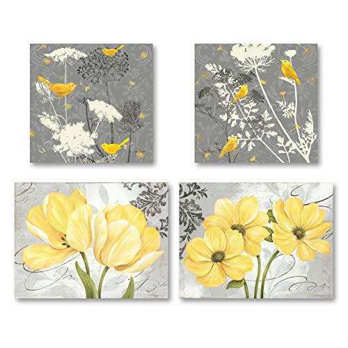 Product Cover Gango Home Decor Beautiful Grey & Yellow Poster Set; Birds and Flowers; Two 12x12in and Two 14x11in Unframed Poster Prints