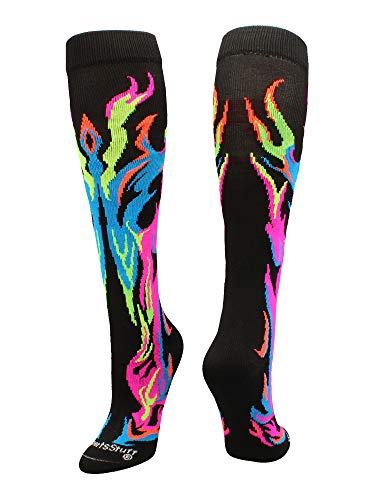Product Cover MadSportsStuff Flame Socks Athletic Over The Calf Socks (Multi Neon/Black, Small)