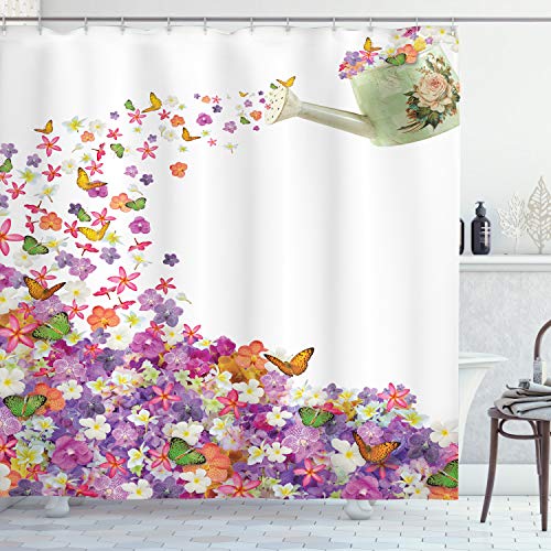 Product Cover Ambesonne Floral Shower Curtain, Butterflies Narcissus Flowers Violets and Pansies Pouring Out from Old Watering Can, Cloth Fabric Bathroom Decor Set with Hooks, 70