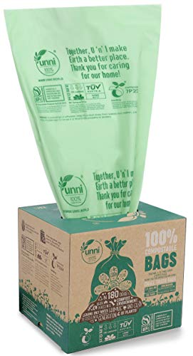 Product Cover UNNI ASTM D6400 100% Compostable Trash Bags, 2.6 Gallon, 9.84 Liter, 100 Count, Extra Thick 0.71 Mils, Food Scrap Small Kitchen Trash Bags, US BPI and Europe OK Compost Home Certified, San Francisco