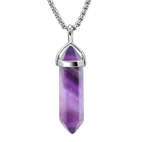 Product Cover BEADNOVA Gemstone Crystal Necklace for Women Healing Stone Pendant Jewelry for Men Pendulum Divination Energy Healing Hexagonal Pendent (18 Inches Stainless Steel Chain)