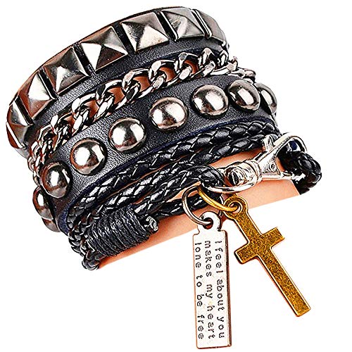 Product Cover Y-blue Multilayer Bracelet Fashion Punk Leather Woven Braided Cross Bangle Wrist Cuff Wristband