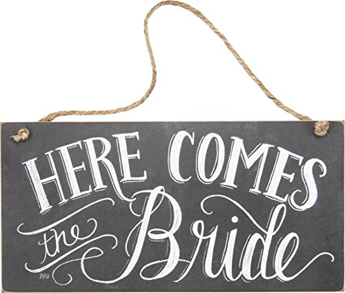 Product Cover Primitives by Kathy Chalk Art Wedding Hanging Sign, 12 x 6-Inches, Here Comes The Bride