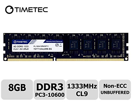 Product Cover Timetec (P/N 75TT133U2R8-8G) 8GB Dual Rank 1333MHz DDR3 (PC3-10600) Non-ECC Unbuffered CL9 240-Pin UDIMM 2Rx8 512x8 1.5V Desktop PC Computer Memory Ram Module Upgrade (8GB)