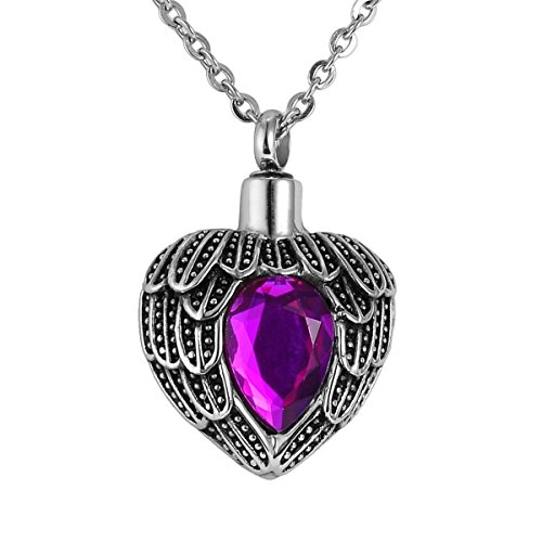 Product Cover Valyria Angel Wing Birthstone Memorial Urn Necklace Stainless Steel Waterproof Cremation Jewelry,Purple