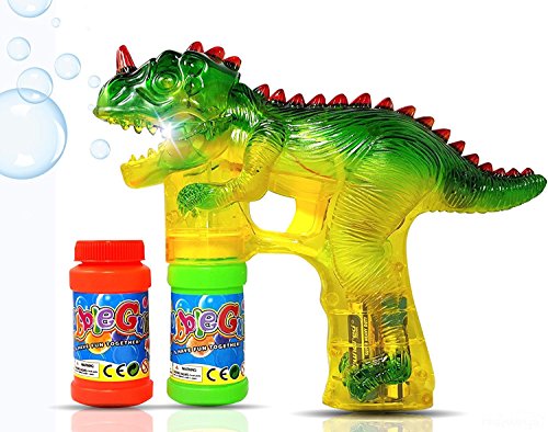 Product Cover Haktoys Jurassic Dinosaur Bubble Gun Shooter Light Up Blower | Toy Bubble Blaster for Toddlers, Kids, Parties | LED Flashing Lights, Extra Refill Bottle, Sound-Free (Complementary Batteries Included)