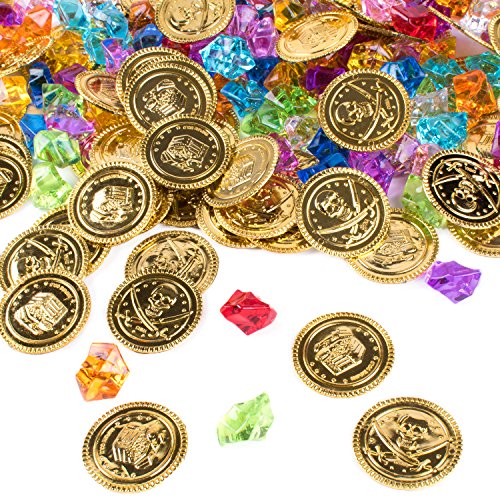 Product Cover Super Z Outlet Pirate Gold Coins Buried Treasure and Pirate Gems Jewelry Playset Activity Game Piece Pack Party Favor Decorations (120 Coins + 120 Gems)