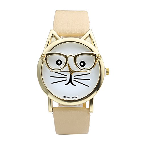 Product Cover Top Plaza Fashion Women's Platinum Plated Mini Cat Glasses Analog Quartz Watch, PU Leather Strap Gold Tone - Beige Brown