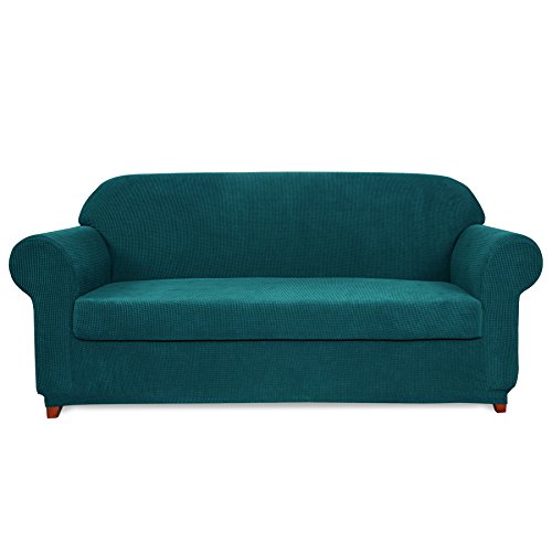Product Cover subrtex 2-Piece Jacquard High Stretch Slipcover, Furniture Protector for Conventional Settee Spandex Washable Common Armchair Cushion Couch Sofa Cover Coat (Large, Turquoise)
