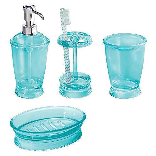 Product Cover mDesign Plastic Bathroom Vanity Countertop Accessory Set - Includes Refillable Soap Dispenser, Divided Toothbrush Stand, Tumbler Rinsing Cup, Soap Dish - 4 Pieces - Aruba Blue