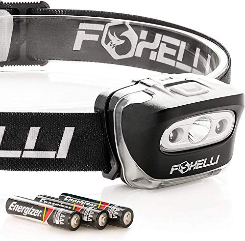 Product Cover Foxelli Headlamp Flashlight - 165 Lumen, 3 x AAA Batteries Operated, Bright White Cree Led + Red Light, Perfect for Runners, Lightweight, Waterproof, Adjustable Headband, 3 AAA Batteries Included
