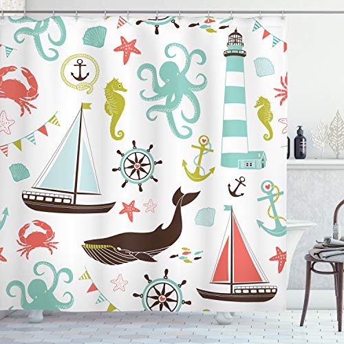 Product Cover Ambesonne Nautical Shower Curtain, Pastel Colored Composition of Lighthouse Sailboat Fish Shells Octopus and Anchor, Cloth Fabric Bathroom Decor Set with Hooks, 70