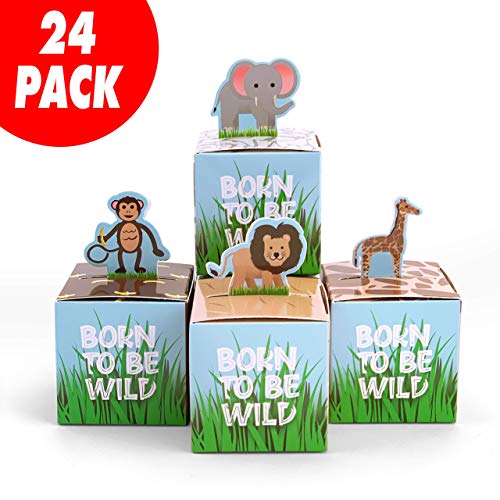 Product Cover Adorox Small 24 Pcs Born to Be Wild Adorable Jungle Safari Zoo Theme Baby Shower Favor Candy Treat Box Cute Birthday Decoration (Assorted)