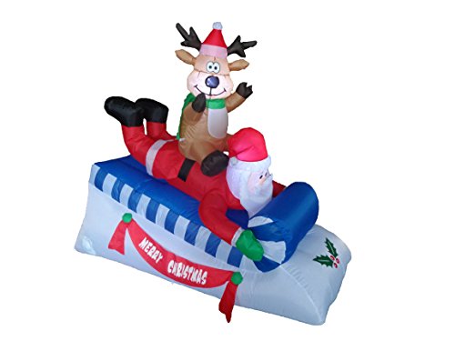 Product Cover 5 Foot Long Lighted Christmas Inflatable Santa Claus and Reindeer Yard Decoration