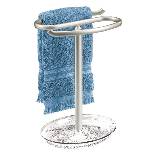 Product Cover mDesign Decorative Metal Fingertip Towel Holder Stand with Base Tray for Bathroom Vanity Countertops to Display and Store Small Guest Towels or Washcloths - 2-Sided, 10.5