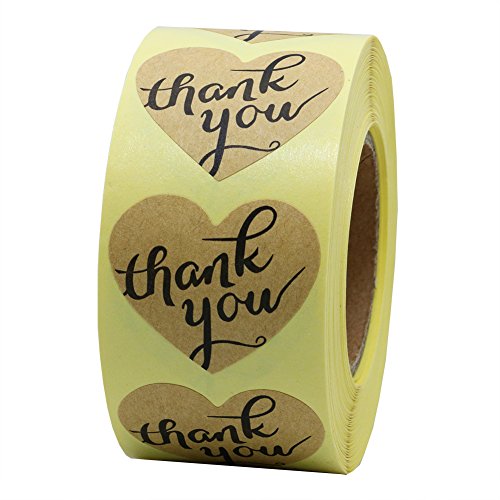 Product Cover Hybsk Love Heart Kraft Paper Thank You Stickers with Heart 1.5 Inch Adhesive Labels 500 Per Roll (Kraft)