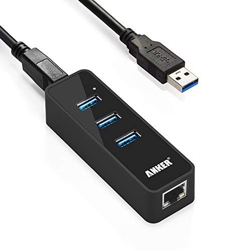 Product Cover Anker 3-Port USB 3.0 HUB with 10/100/1000 Gigabit Ethernet Converter (3 USB 3.0 Ports, A RJ45 Gigabit Ethernet Port, Support Windows XP, Vista, Win7/8 (32/64 bit), Mac OS 10.6 and Above, Linux) Black