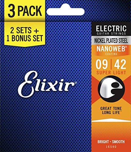 Product Cover Elixir Strings 16540 Electric Guitar Strings with NANOWEB Coating, 3 Pack, Super Light (.009-.042)